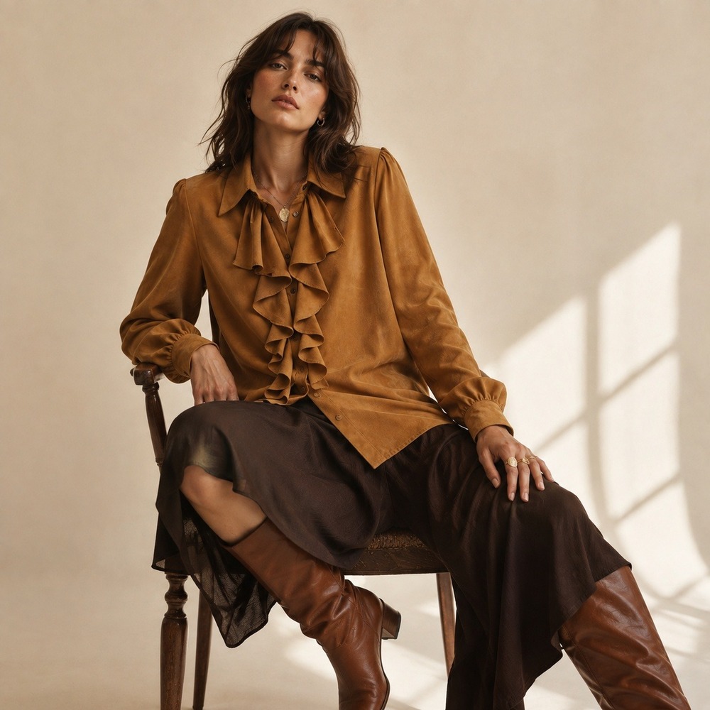 Simonton Says George Simonton Camel Faux Suede Ruffle Blouse S 70s Western Top